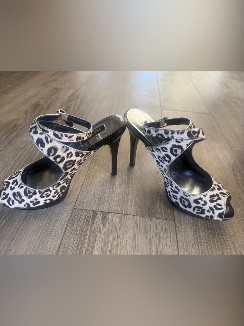 WHBM Tallullah Leopard print Calf hair Peep-Toe Ankle Strap Heels - Women Size 7